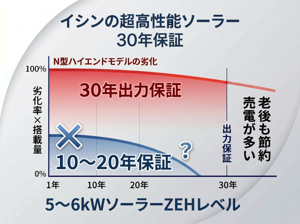 イシンの超高性能ソーラーパネル 30年保証グラフ
