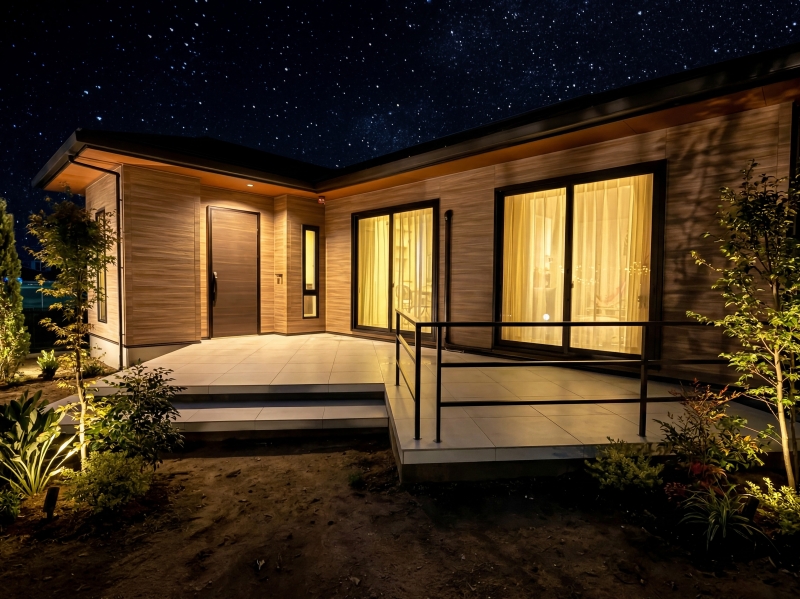 落ち着いたモカカラーの外壁が印象的なシンプルモダンの住まい。無駄を省いたすっきりとしたデザインの中に、素材の質感や色合いへのこだわりが感じられます。タイルテラスや植栽を取り入れた外構計画が、住まいに彩りと豊かな表情を与えています。