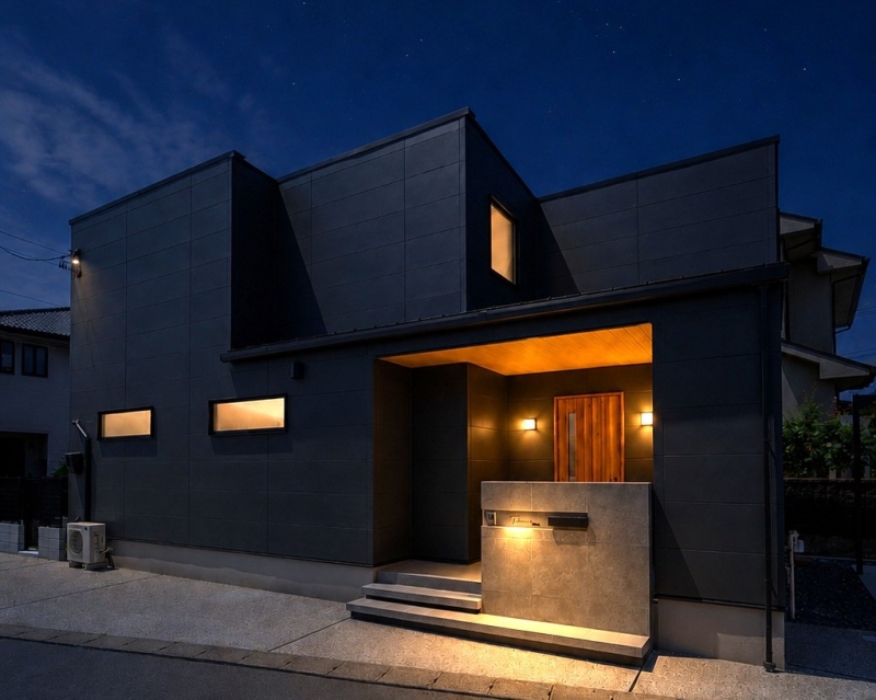 深みのあるグレーの外壁と直線的なフォルムが印象的な住まい。昼と夜で異なる魅力を楽しめる、上質で洗練された外観に仕上がりました。