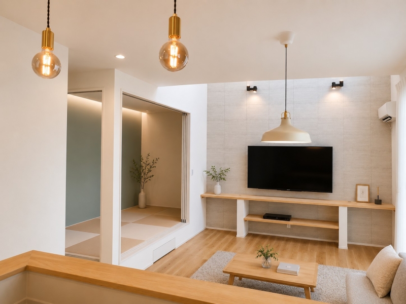 吹き抜けのあるリビングは、光と開放感に包まれる心地よい空間。壁掛けテレビの下には現役大工社長が手がけた造作TVボードを設け、木のぬくもりと使いやすさを両立しました。隣接する和室は引き戸で仕切ることができ、家族のくつろぎや来客時など多彩に活用できます。